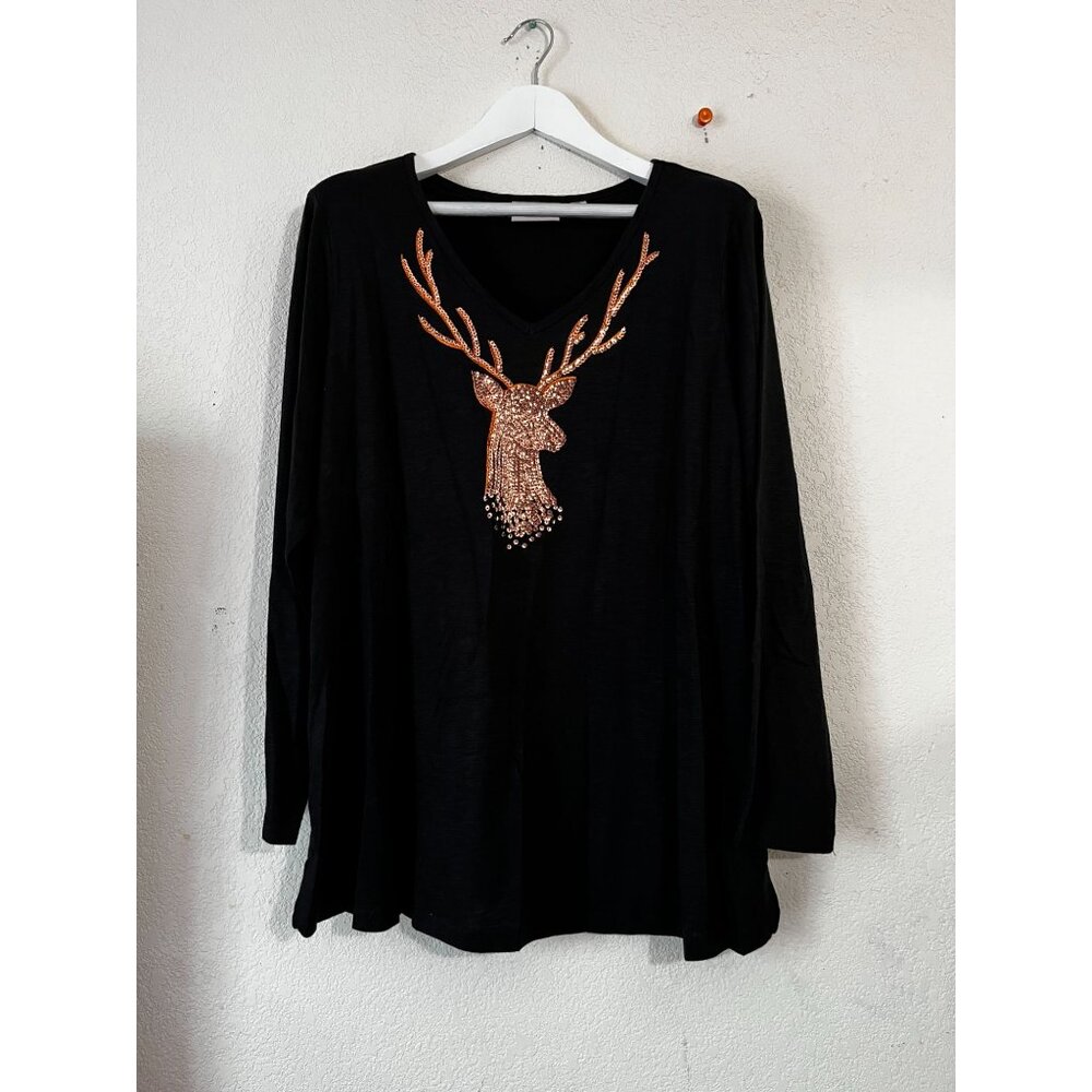 Quacker Factory Jeanne Bice Womens Rhinestone Reindeer Long Sleeve Top 2X Black